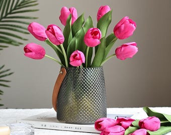 Konstgjorda tulpaner med äkta touch, realistiska återfuktande sidenblommor för heminredning, bröllopsbukett, konstgjorda tulpanstjälkar, fotorekvisita