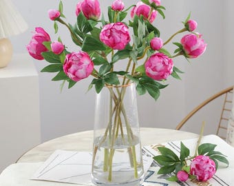 Realistiska sidenpionstjälkar, 2-huvudiga konstgjorda pionblommor för bröllopsdekor, konstgjorda pioner för vas, mittpunkt för blomsterarrangemang i hemmet