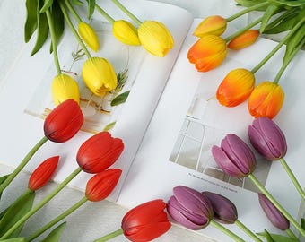 Konstgjorda tulpaner med 5 stjälkar i äkta beröring, realistiska konstgjorda blommor för heminredning, bröllopsbukett, bordsdekoration, vårblommor