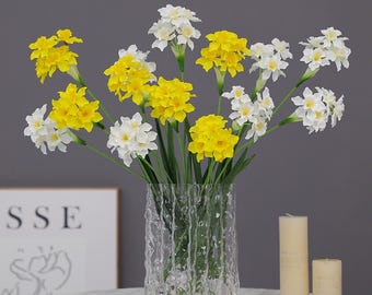 Realistiska konstgjorda påskliljastjälkar i siden, 20" konstgjorda vårblommor för vas, gul och vit sidenblomsterdekor, påskdekoration