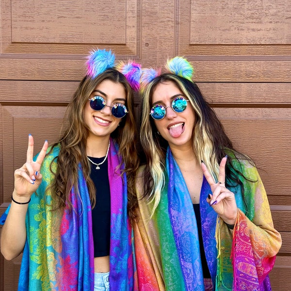 Fascia multicolore Kitty Pom Pom Rave per Festival Kitty Rave Ears Accessori rave Donna Space Buns Rave Hair Faux Fur Cat Ears