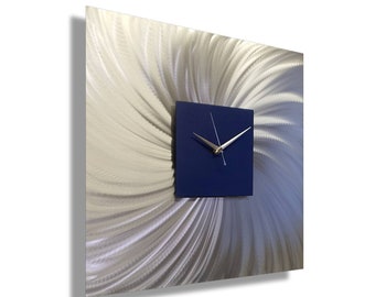 Navy Blue Wall Clock, Silver Clock, Modern Clock, Home Decor, Large Metal Art Abstract Clock, Unique Clock