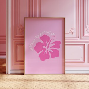 Bienvenido al paraíso / Póster de hibisco tropical rosa, arte de pared de playa, costero,