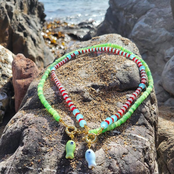 The 'Bude' Necklace, Glass Rondelle beads with Ceramic Fish Pendant