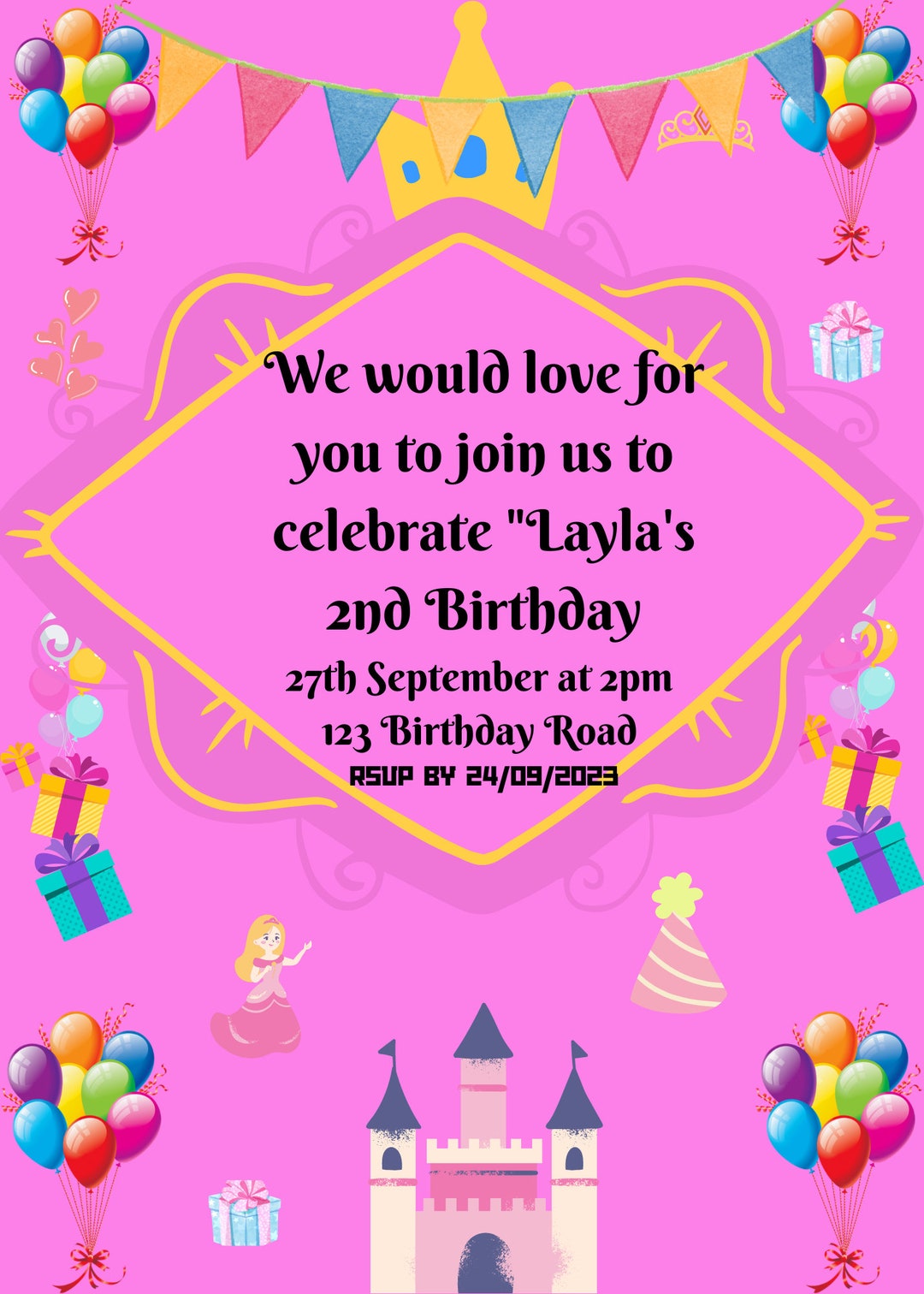 Birthday Invitations Birthday Girl Princess Birthday Girls Etsy