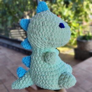 Crochet handmade GREEN DINOSAUR with blue spikes soft toy