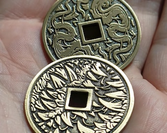 Ancient Eldritch Coin, Teeth and Tentacles, metal brass decorative charm