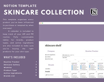 notion skincare collection notion template | aesthetic notion template | skincare organiser | skincare wishlist | skincare routine tracker