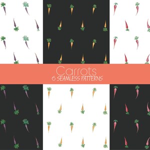 Könnte beinhalten: Sechs nahtlose Muster mit Aquarell-Illustrationen von Karotten in verschiedenen Farben und Anordnungen. Die Muster sind auf weißem und schwarzem Hintergrund.