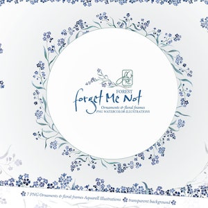 Myosotis de la forêt | Myosotis Symbole Ornements cadres floraux numérique Aquarelle Clipart invitation couronne numérique handmad png