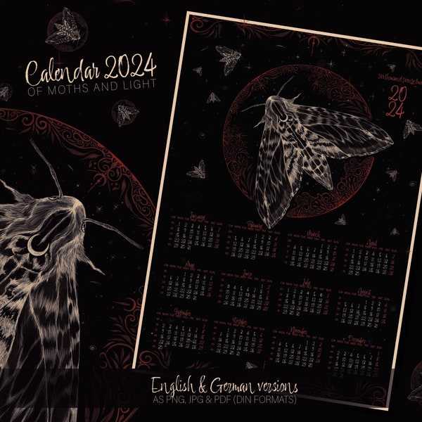 Calendar 2024 by Motten & Licht 2 variants light and dark Printable Ornaments Stars Witches Magic Din A Wall Decor PNG PDF Wall Calendar Year