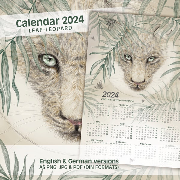 Calendar 2024 Sheet - Leopard Variant2 Printable Ornaments Jungle Din A Wall Decor PNG PDF Wall Calendar Year narrow and de wildcat eyes cat