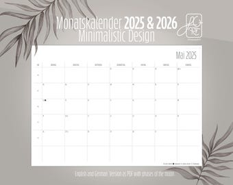 May include: A minimalist calendar design for May 2025. The calendar is in German and features a simple grid layout with days of the week labelled in German. The calendar is part of a larger set for 2025 and 2026.