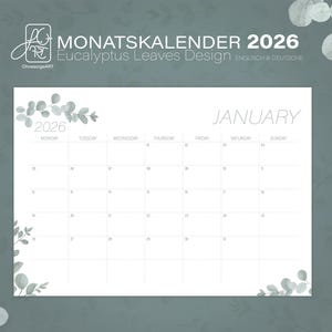 Op de afbeelding: Een printbare kalender voor januari 2026 met een eucalyptusbladerenontwerp. De kalender is in het Engels en Duits. De tekst "MONATSKALENDER 2026 Eucalyptus Leaves Design ENGLISH & DEUTSCHE" staat bovenaan de kalender.