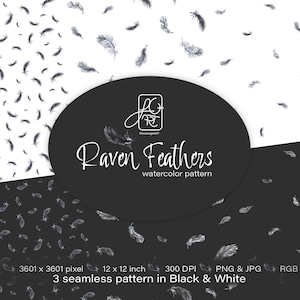 Raven Feathers Seamless Pattern | Crow Feathers dark fabric design, repeat tile, surface pattern, watercolor black & white