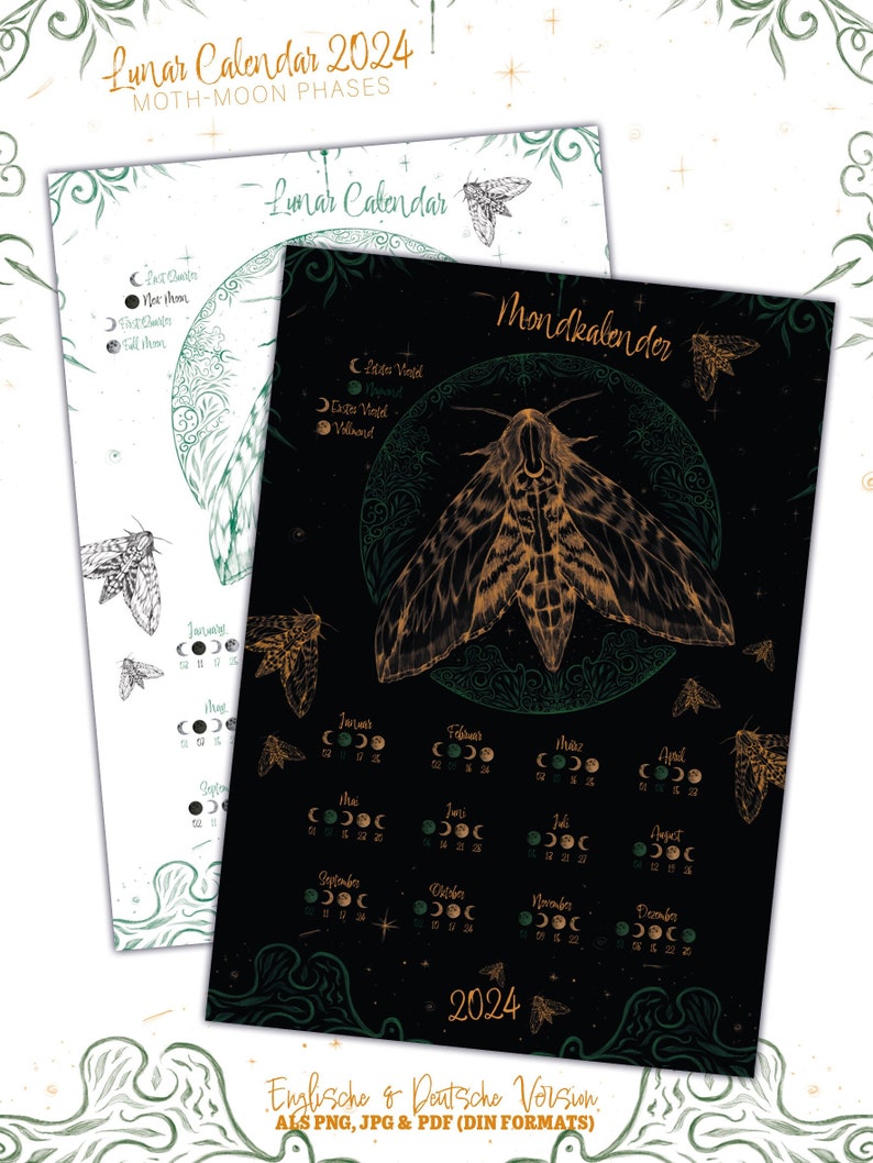 Lunar Calendar of Moths 2024 2 Variants GREEN Printable Moon Etsy UK