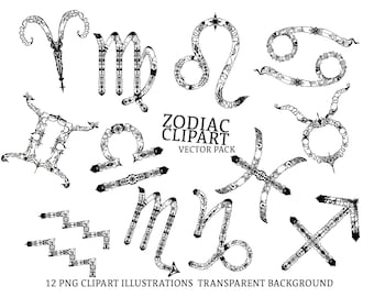 May include: Black and white zodiac clipart illustrations featuring detailed designs of all twelve astrological signs. The text "ZODIAC CLIPART VECTOR PACK" is displayed, along with "12 PNG CLIPART ILLUSTRATIONS TRANSPARENT BACKGROUND".