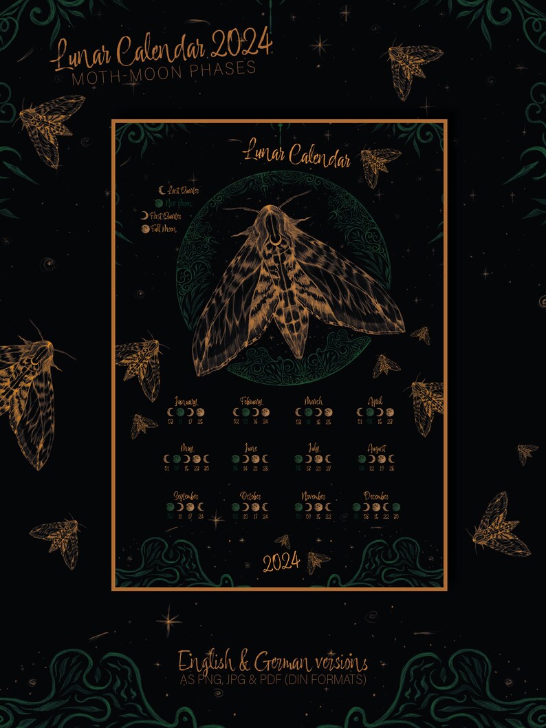 Lunar Calendar of Moths 2024 2 Variants GREEN Printable Moon Etsy