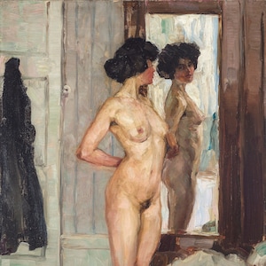 Wilhelm Gallhof - Vor dem Spiegel (Frente al espejo) 1910 Calidad del museo Reproducción al óleo pintada a mano reflejo de la belleza interior