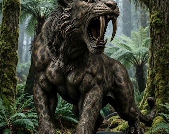 Skulptur eines Riesenzahntigers, Nachbildung einer prähistorischen Tierstatue, Machairodus-Kunst