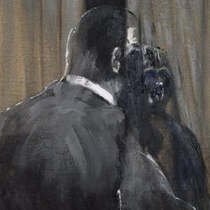 May include: An abstract painting depicting two figures in dark suits, one facing away and the other partially visible. The artwork uses a muted color palette of blacks, grays, and browns, with visible brushstrokes creating texture. The background features vertical lines.