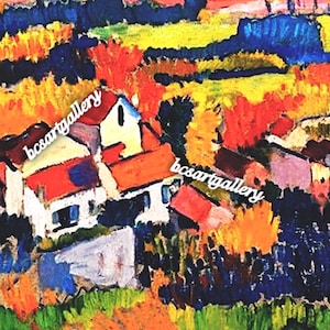 May include: A painting of a landscape with houses in the foreground. The houses are painted in shades of white, red, and yellow. The background is a field of green and yellow, with a blue sky in the distance.