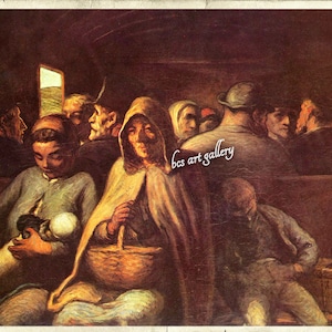 Puede incluir: Una pintura que representa a un grupo de personas viajando en tren. Las personas están vestidas con diferentes prendas, incluyendo sombreros, abrigos y bufandas. La pintura está realizada en un estilo realista, con un enfoque en los detalles de las caras y las expresiones de las personas.