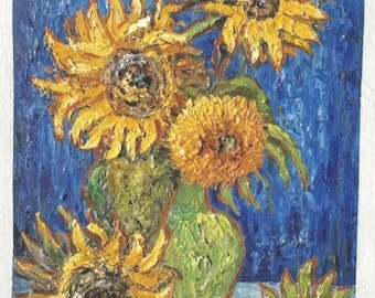 Vincent van Gogh Sunflowers 1888 Museum Quality hand-painted oil reproduction Van Gogh missing in Japan since WWII Vase of Six Sunflowers