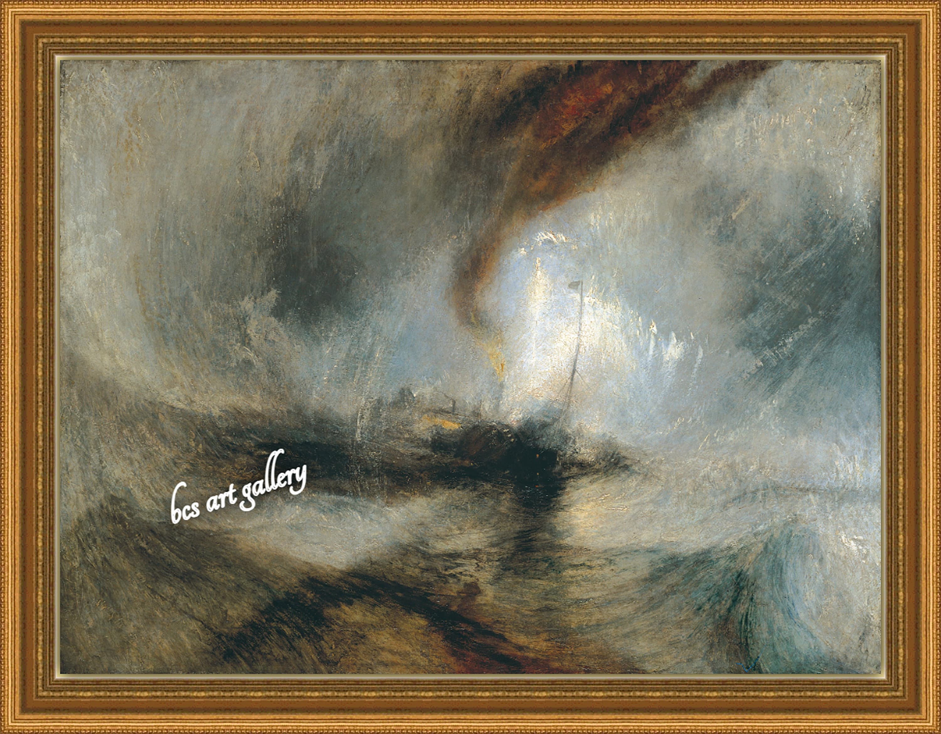 JMWターナー作「吹雪の中、港口沖の蒸気船」1842年 手描き油彩複製