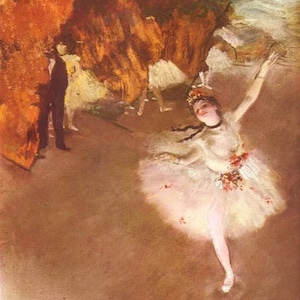May include: A ballerina in a white tutu with a pink and red floral design, performing on stage. The background is a blurry image of a stage with other dancers and a red curtain.