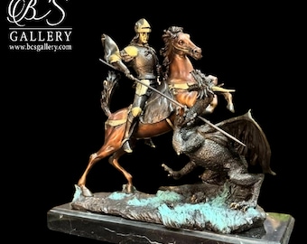 Scultura in bronzo di San Giorgio e il drago / Statua dell'uccisore di draghi / Statuina di cavaliere medievale / Stile rinascimentale