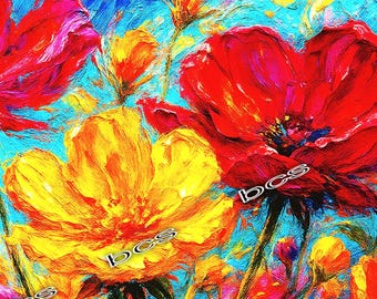 Festa Floral II | Pintura a óleo original sobre tela | Arte de parede moderna com natureza por John Lu | Decoração contemporânea vibrante para casa 41 x 84 pol.