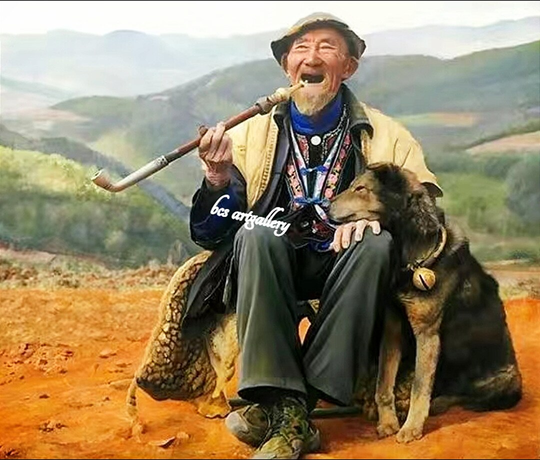 Original Old Man and the Dog Painting Peasant Oil Painting on Canvas ...