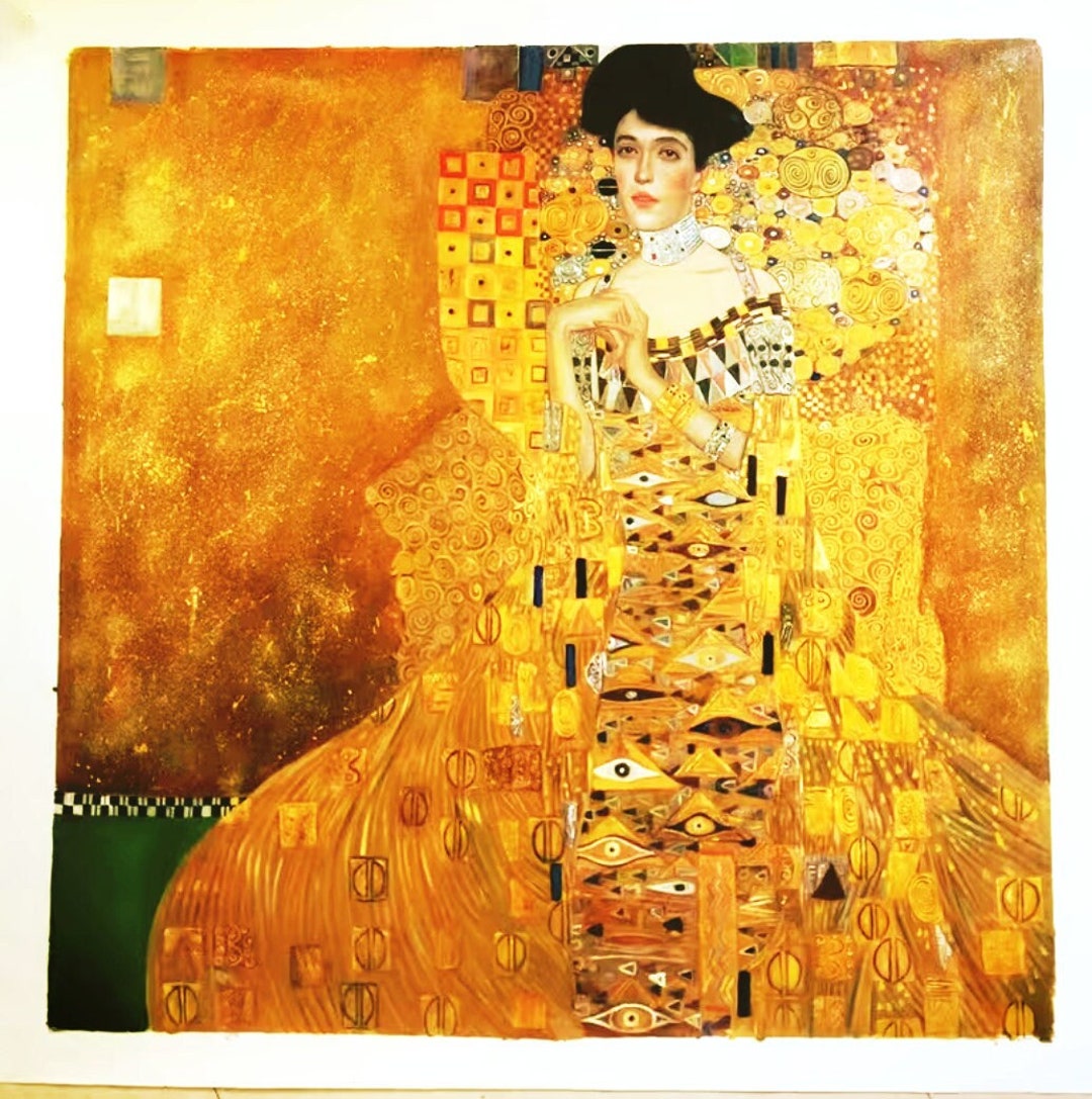 海外アーティスト作品　抽象的な肖像画 人物画★金色フレーム入り★水彩画 クリムト「アデーレ・ブロッホ＝バウアーの肖像 I 黄金の女」手描きの
