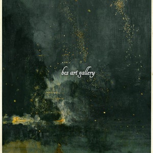Puede incluir: Una pintura de un cielo nocturno verde oscuro con algunas pequeñas estrellas amarillas brillantes. El cielo está lleno de una sustancia brumosa, blanca y humeante. La parte inferior de la pintura muestra una superficie oscura y acuosa con algunas pequeñas luces amarillas.