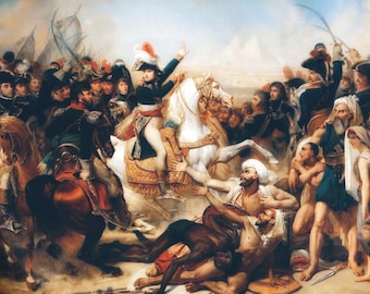 May include: A painting depicting a historical battle scene with Napoleon Bonaparte on horseback leading his troops. The scene is set in a desert landscape with pyramids in the background. The painting features a variety of figures, including soldiers, horses, and civilians.