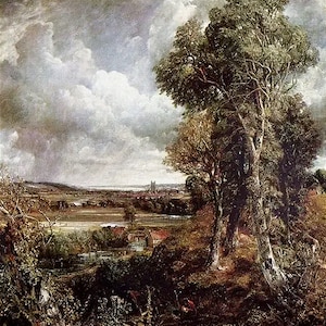 Puede incluir: Una pintura de un paisaje con un gran árbol en primer plano y un pueblo en la distancia. El cielo está nublado y los colores son apagados.