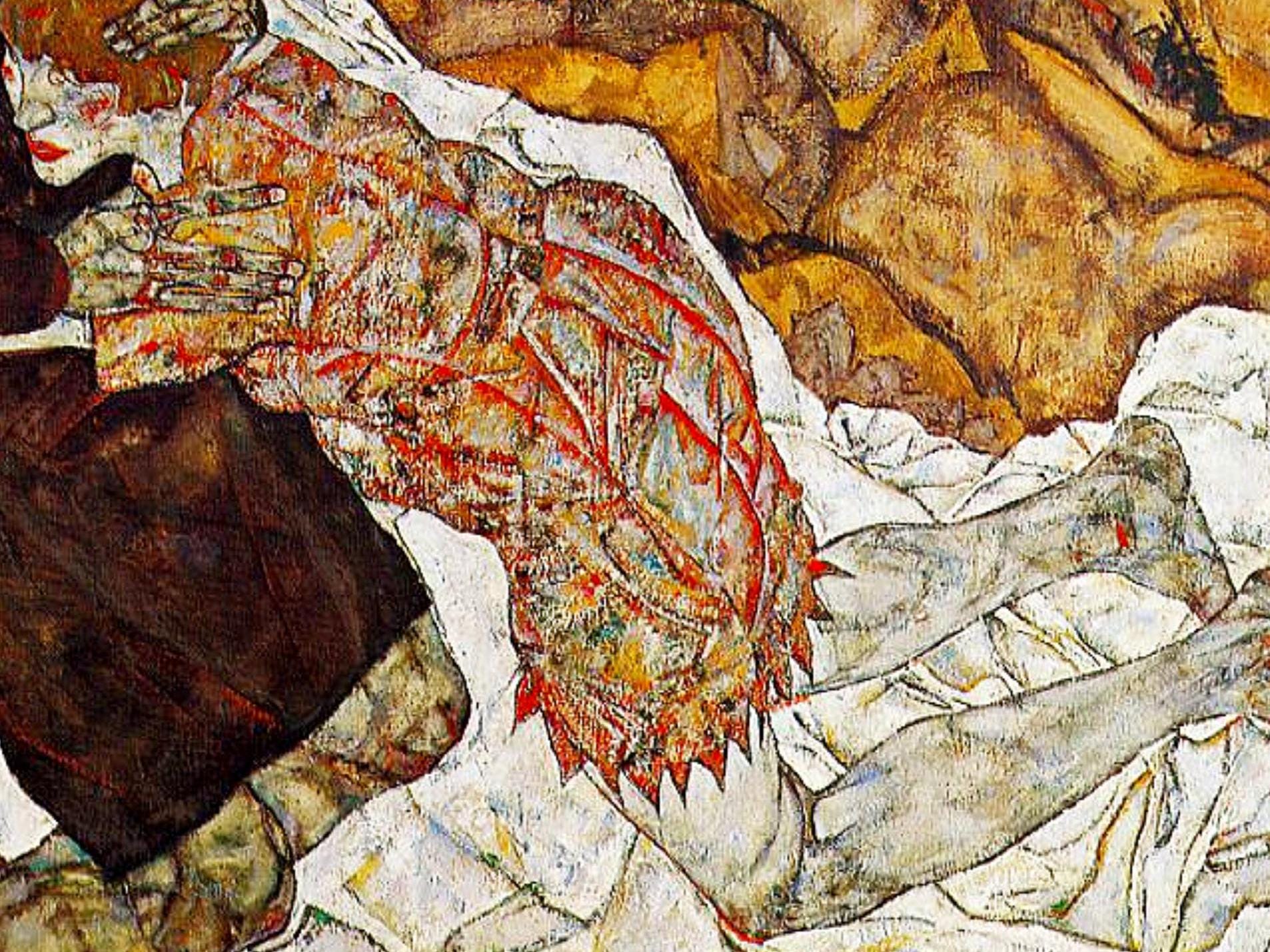 エゴン・シーレ「死と乙女」1915年手描き油絵複製画、シーレ表現主義