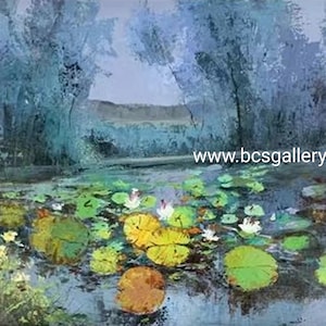 Monet Inspired Nymphéas Water Lilies art Water Lily Impasto Original Oil Painting Blue Water Lily pond Classic Home Decor by John Lu