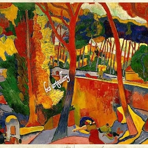 May include: A vibrant, abstract painting depicting a landscape with trees, a wall, and figures. The colors are bold and expressive, with shades of red, orange, yellow, green, and blue.