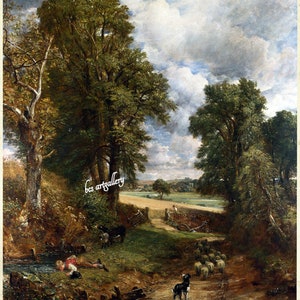 Puede incluir: Una pintura de un paisaje rural con un camino sinuoso que conduce a través de un campo. El camino está bordeado de árboles y hay ovejas pastando en el campo. El cielo está nublado y hay un pequeño arroyo en primer plano.