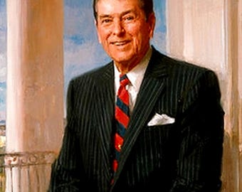 Retrato de Ronald Reagan. Reproducción al óleo pintada a mano. Presidente estadounidense sobre lienzo. Obra maestra del realismo estadounidense.
