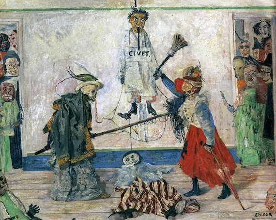 ジェームズ・アンソール作「絞首刑の男をめぐる骸骨たちの争い」（1891
