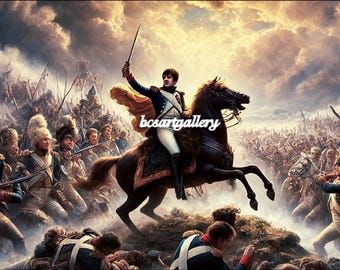 May include: A painting depicting a military leader on horseback, leading a large army into battle. The leader is wearing a white uniform with a yellow sash and a red cape. The horse is brown and black, and the army is made up of soldiers in various uniforms. The painting is set against a dramatic sky with clouds.