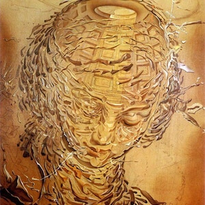 May include: A surrealist painting of a face with a golden, textured surface. The face is surrounded by a swirling, abstract pattern that resembles a dome or a building.