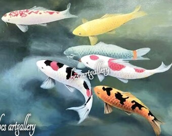 Original Koi Pond II Painting Japanese Carp Fish Oil Painting on canvas 100% Hand Painted gift for grandma gift for mom personalized gifts