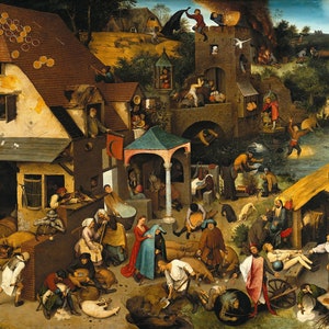 Op de afbeelding: Een gedetailleerd schilderij dat een dorpsscène weergeeft met talrijke figuren die verschillende activiteiten uitvoeren. Gebouwen met bruine daken en een toren zijn zichtbaar. Mensen interageren, sommigen in de buurt van een rivier, anderen op een plein.