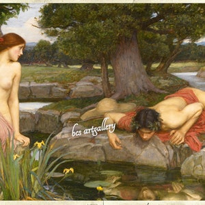John William Waterhouse - Echo And Narcissus Museum Quality hand painted oil reproduction timeless tale of love and longing femme fatale