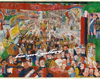 May include: A colorful painting depicting a large crowd of people in a street scene. The painting is in a cubist style, with many geometric shapes and bright colors. The text "Vive La Sociale" is visible at the top of the painting.