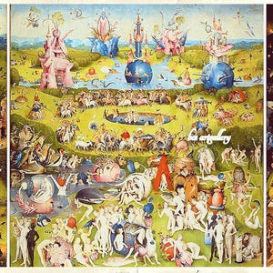 May include: A detailed painting depicting a lush garden with a large pond in the center. The painting is divided into three sections, with the left section showing a more natural landscape, the middle section showing a more fantastical landscape, and the right section showing a more hellish landscape. The painting is full of symbolism and allegory, and is considered one of the most famous works of art in the world.